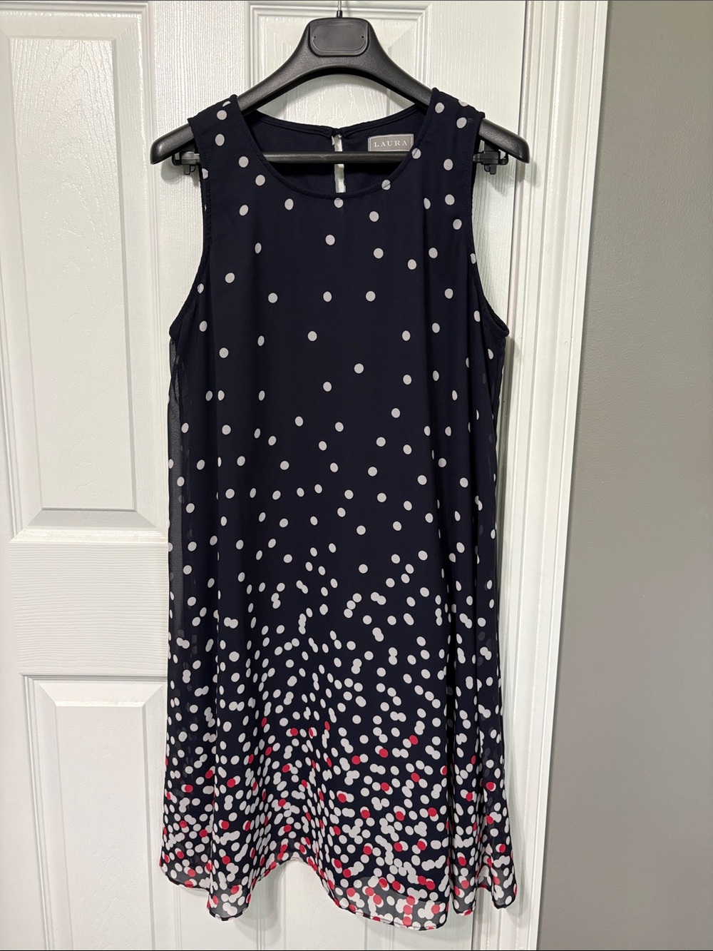Laura Navy Polka Dot Sleeveless Mini Dress with Pink Accent